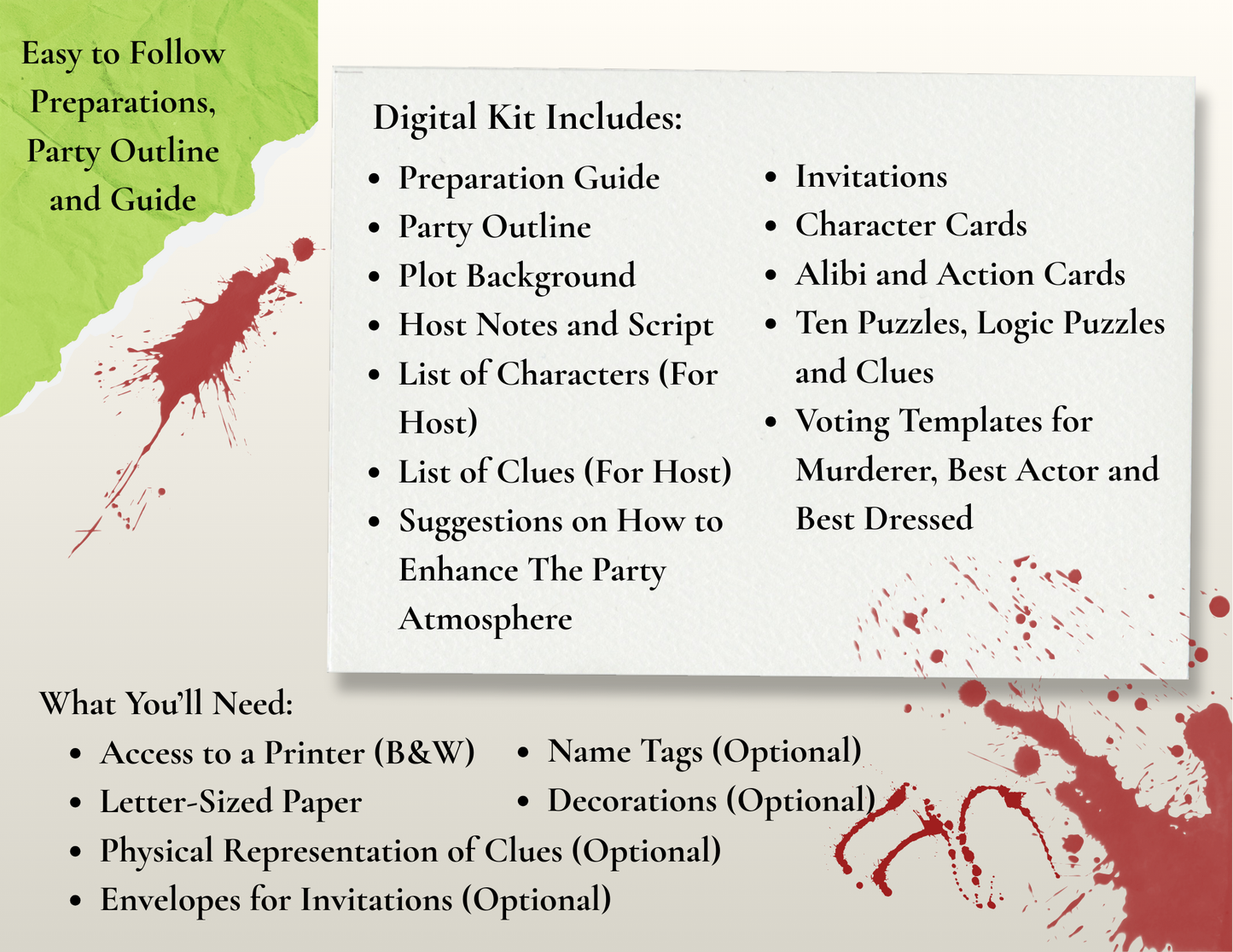 Promotional photo outlining what is included in the digital download file. Includes preparation guide, party outline, plot background, host notes and script, list of characters, list of clues, suggestions on how to enhance the party atmosphere, invitations, character cards, alibi and action cards, ten (10) puzzles, logic puzzles, and clues, voting templates for murderer, best actor, and best dressed.
