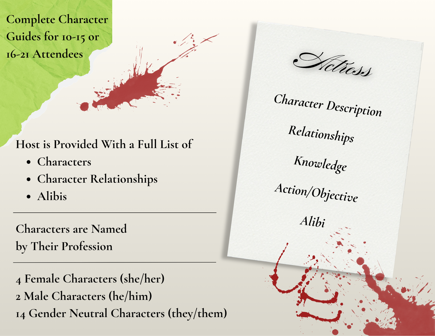 Character guide for a game or event with text and red splashes on a white background
