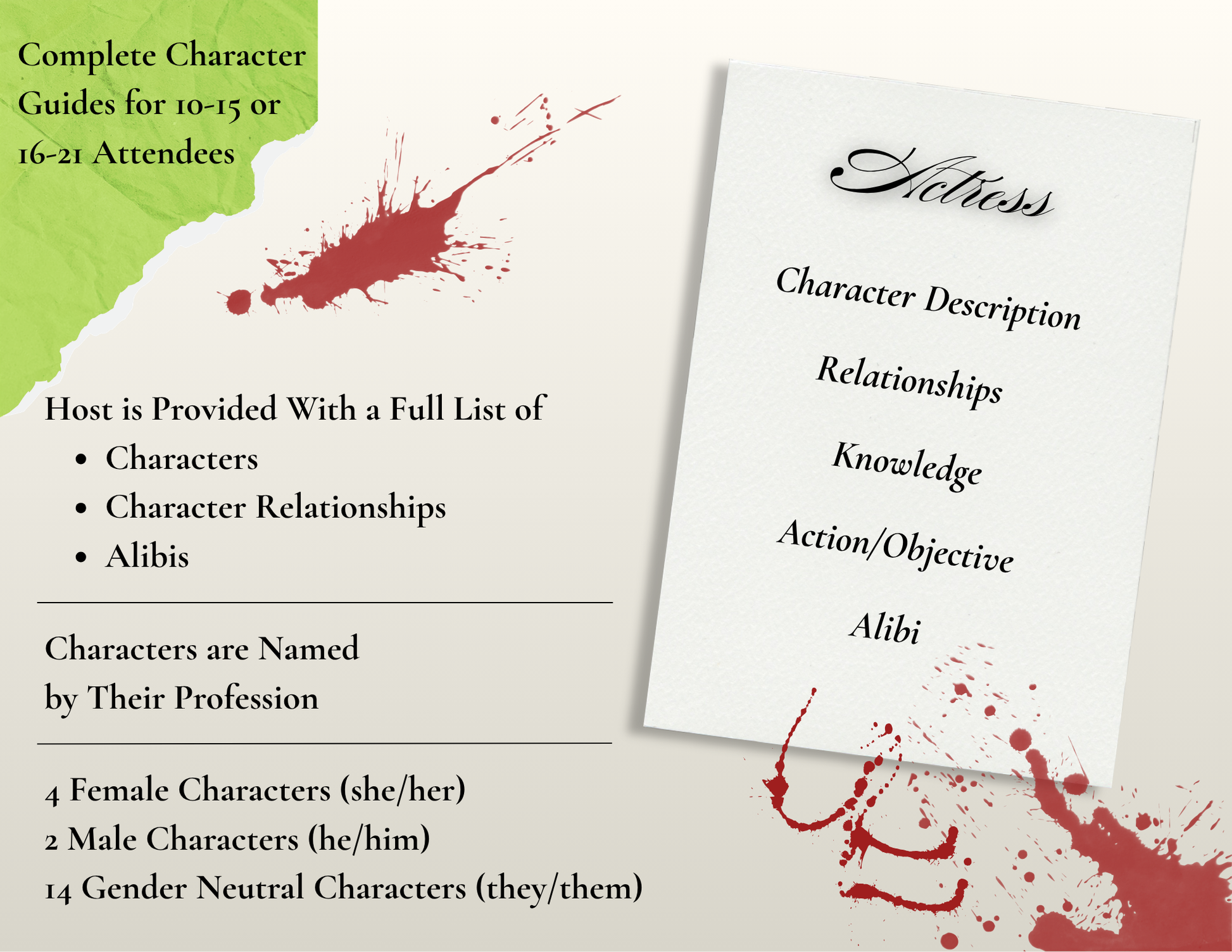 Character guide for a game or event with text and red splashes on a white background